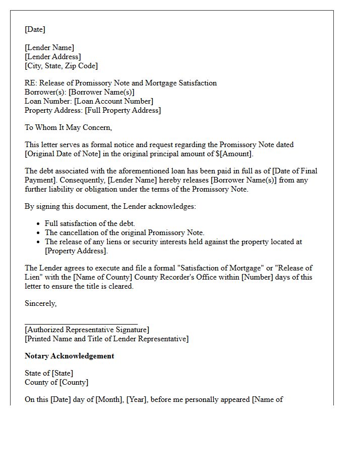 Mortgage Debt Release of Promissory Note Letter