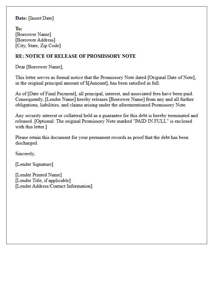 Notice of Promissory Note Release Letter