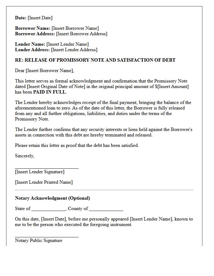 Paid in Full Promissory Note Release Letter