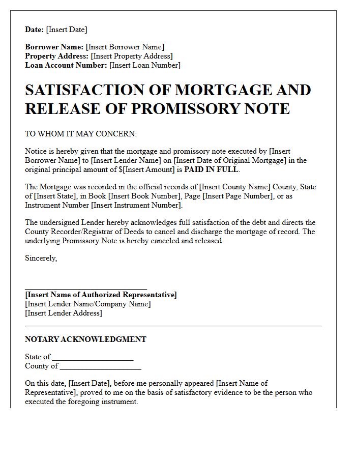 Satisfaction of Mortgage Promissory Note Letter