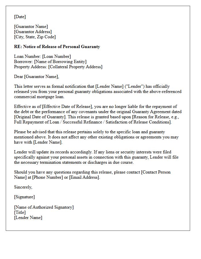 Commercial Mortgage Guarantor Release Letter