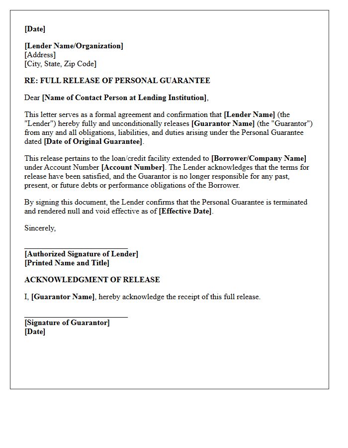 Full Release of Personal Guarantee Letter