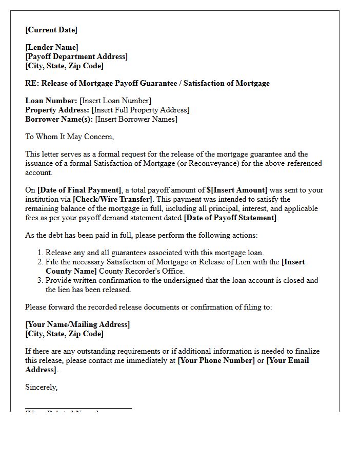 Mortgage Payoff Guarantee Release Letter