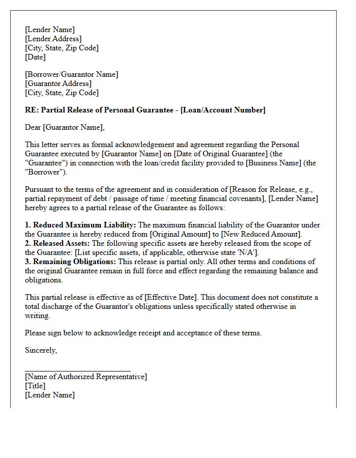 Partial Release of Personal Guarantee Letter