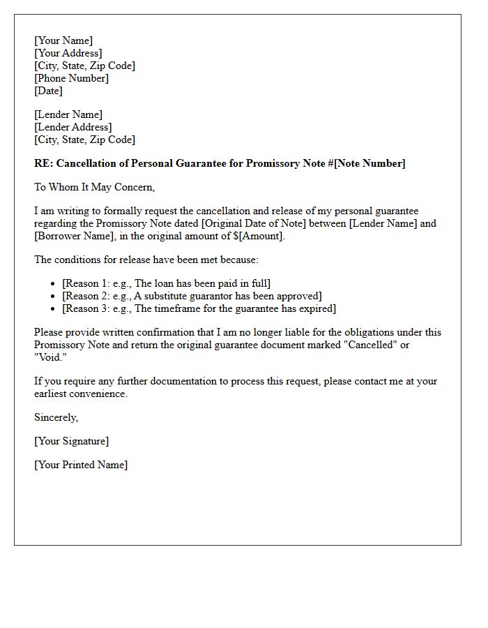 Promissory Note Guarantee Cancellation Letter