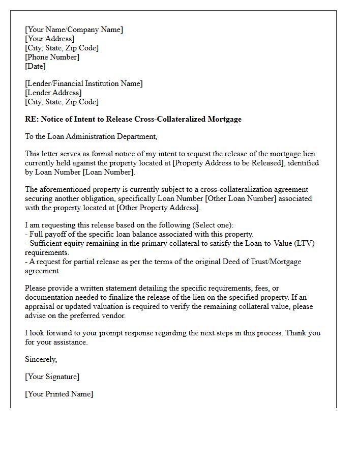 Notice of Intent to Release Cross-Collateralized Mortgage Letter