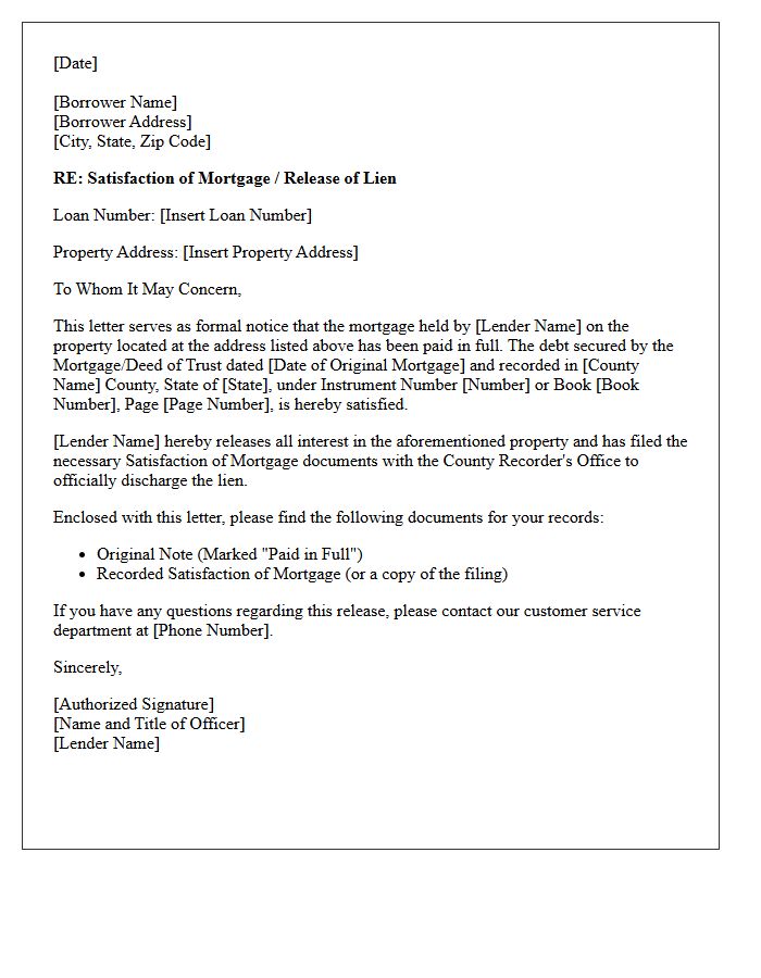 Satisfaction of Mortgage Release Letter