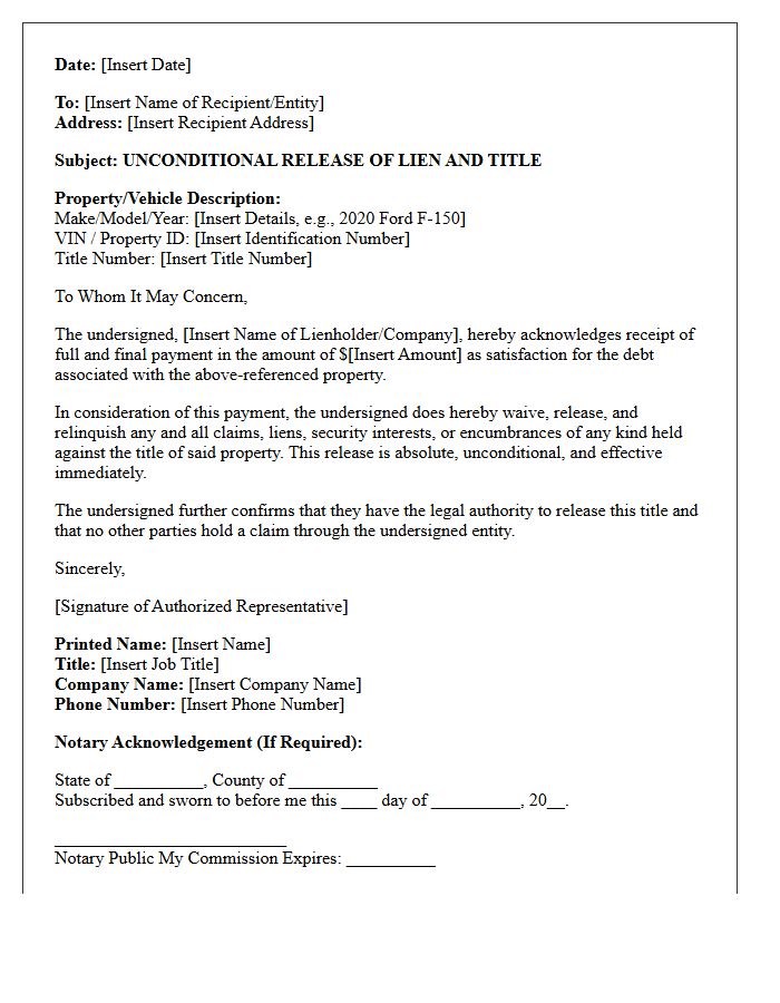 Clear Title Unconditional Release Letter