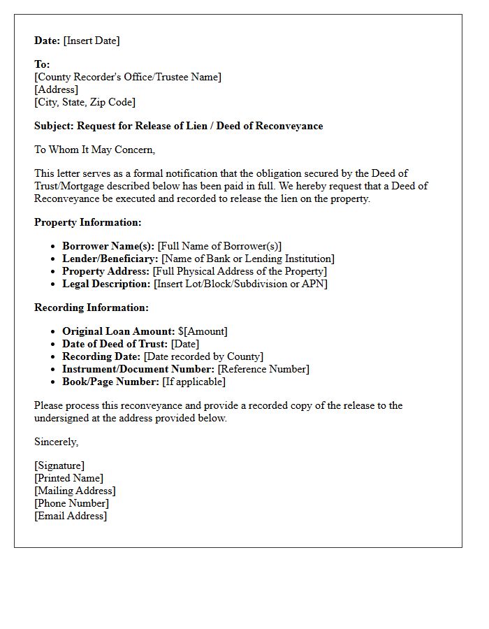 Deed of Reconveyance Lien Release Letter