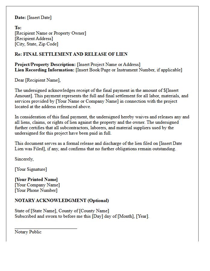 Final Settlement Lien Release Letter