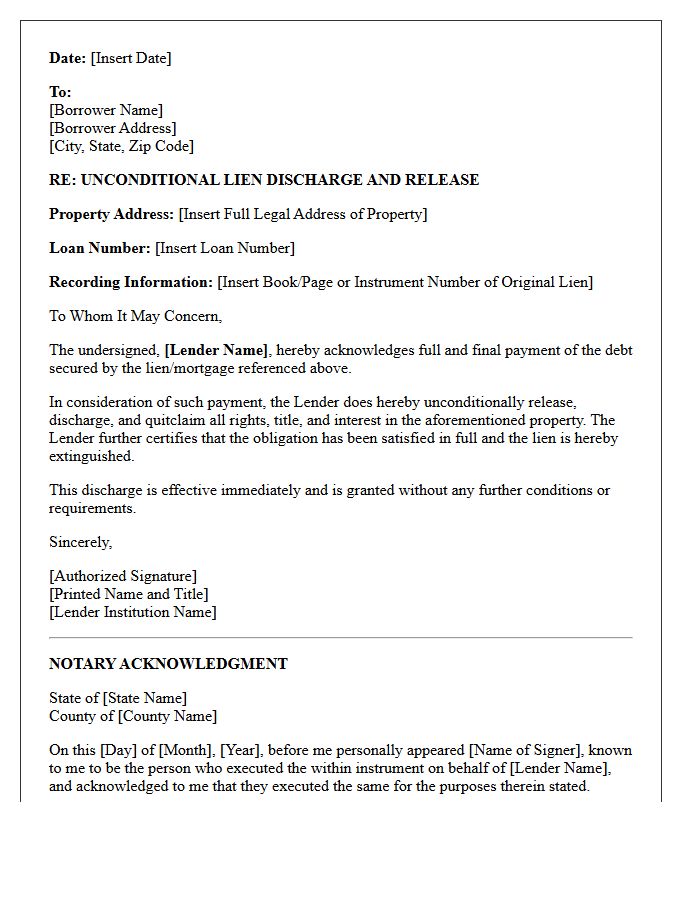 Lender Unconditional Lien Discharge Letter