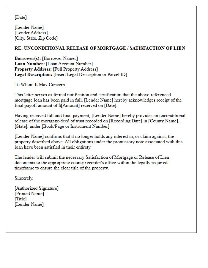 Mortgage Payoff Unconditional Release Letter