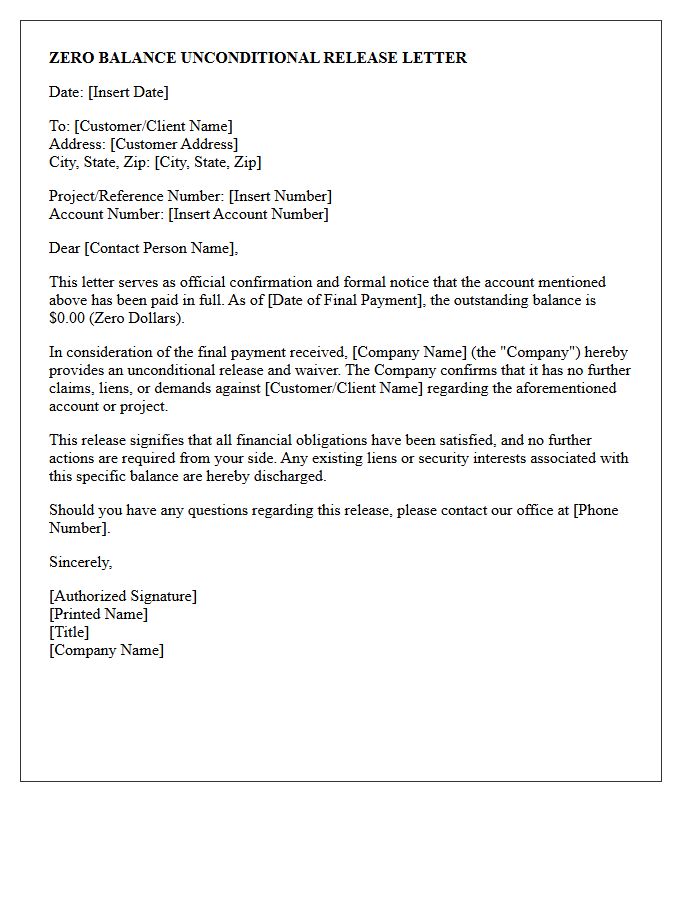 Zero Balance Unconditional Release Letter