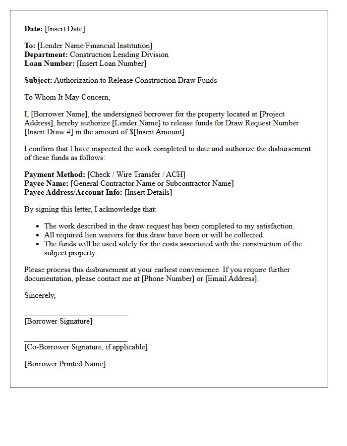 Borrower Authorization Letter For Construction Draw Funds Release