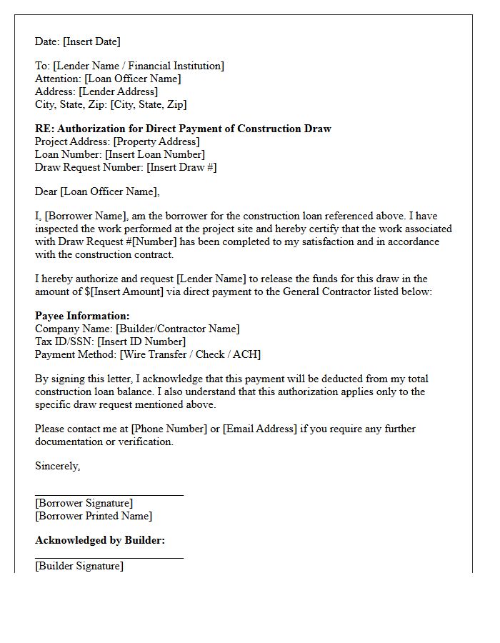 Builder Direct Payment Letter For Construction Draw Funds Release