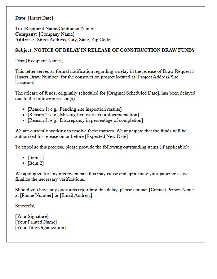 Delay Of Construction Draw Funds Release Notice Letter