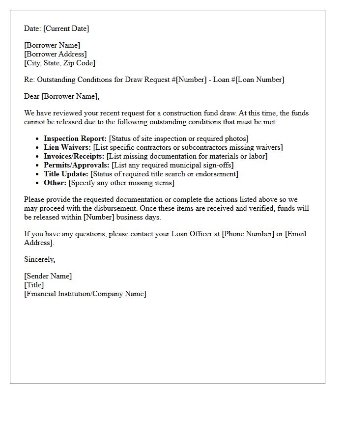 Outstanding Conditions Letter For Construction Draw Funds Release