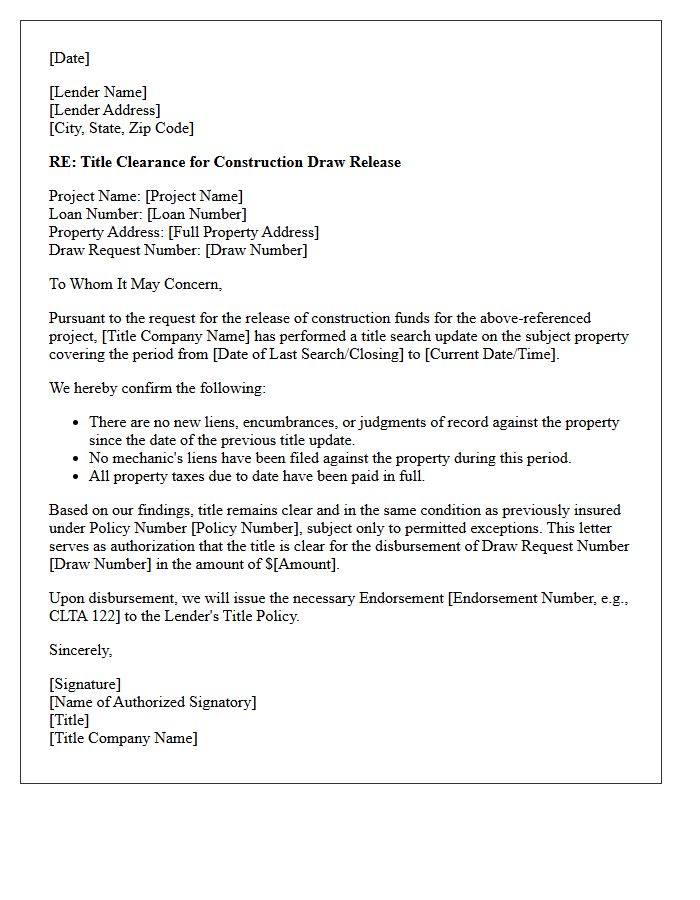 Title Clearance Letter For Construction Draw Funds Release