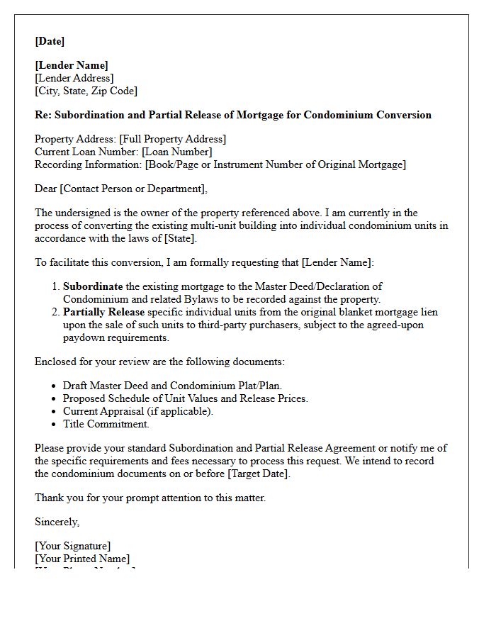 Subordination And Partial Release Letter For Condominium Conversion