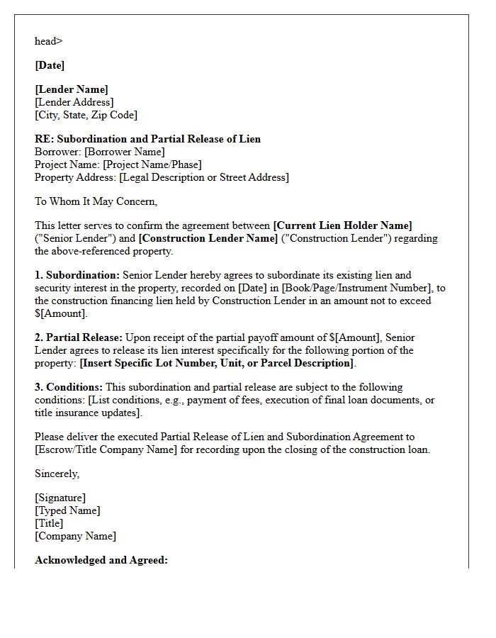 Subordination And Partial Release Letter For Construction Financing