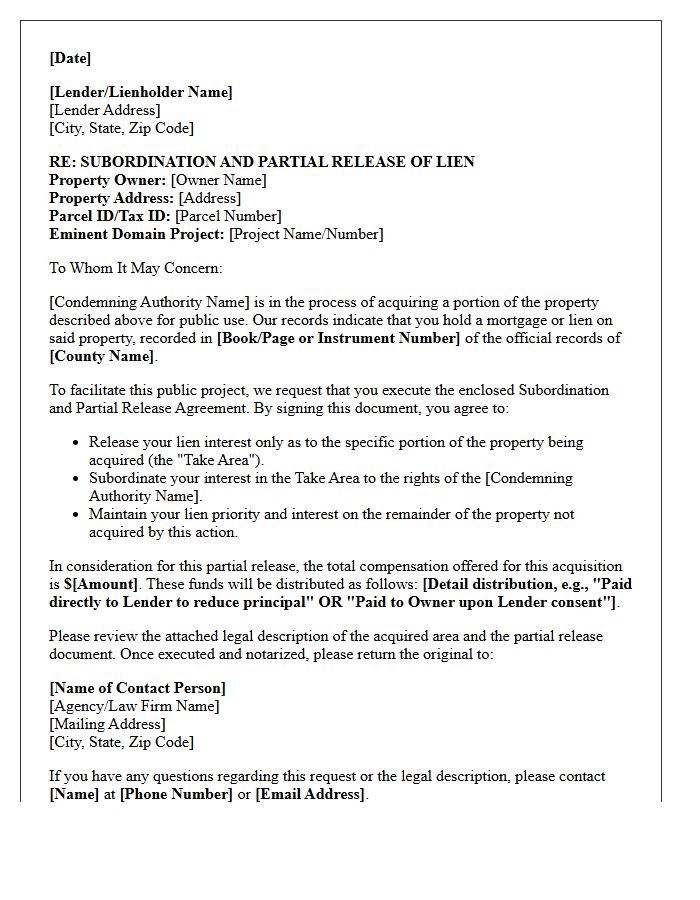Subordination And Partial Release Letter For Eminent Domain Actions
