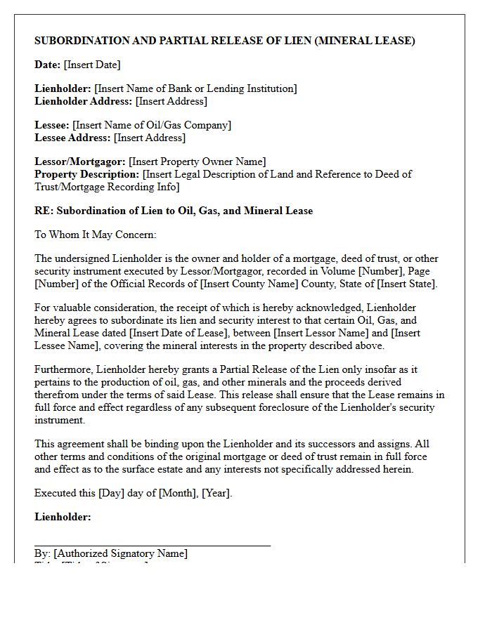 Subordination And Partial Release Letter For Mineral Rights Lease
