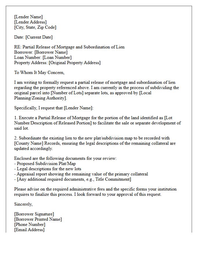 Subordination And Partial Release Letter For Property Subdivision