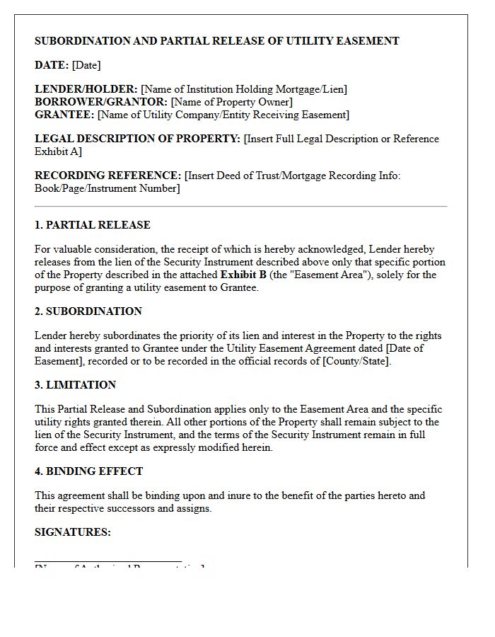Subordination And Partial Release Letter For Utility Easement
