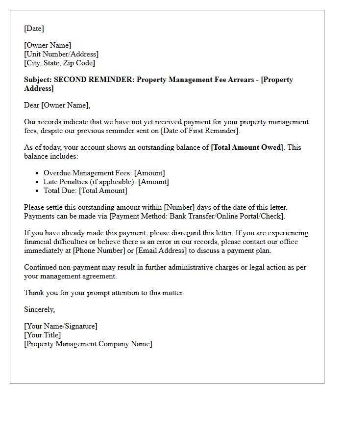 Subject: Second Reminder Letter For Property Management Fee Arrears