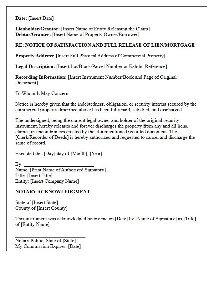 Commercial Property Notice of Satisfaction and Release Letter