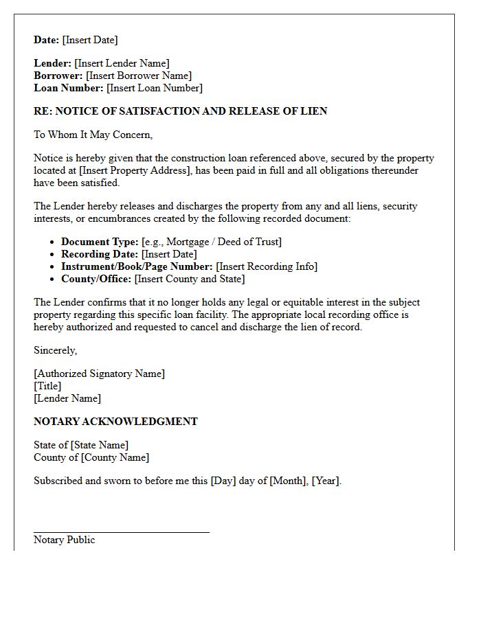 Construction Loan Notice of Satisfaction and Release Letter