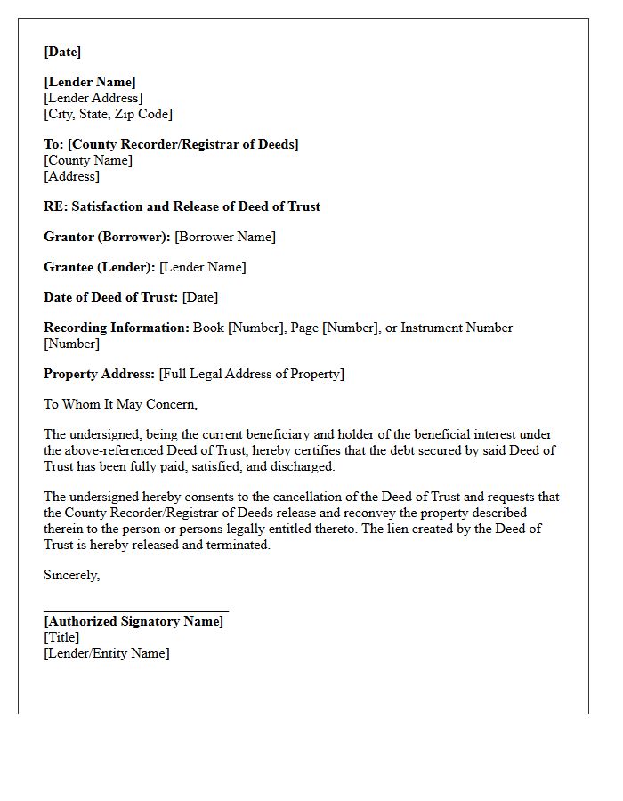 Deed of Trust Satisfaction and Release Letter