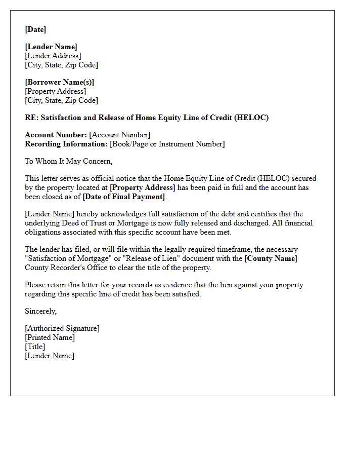 Home Equity Line of Credit Satisfaction and Release Letter