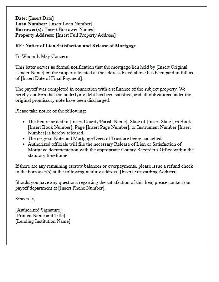 Refinance Lien Satisfaction and Release Letter