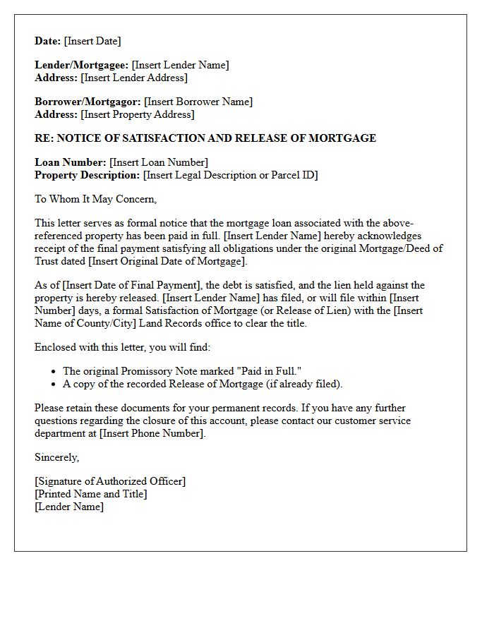 Residential Mortgage Notice of Satisfaction and Release Letter