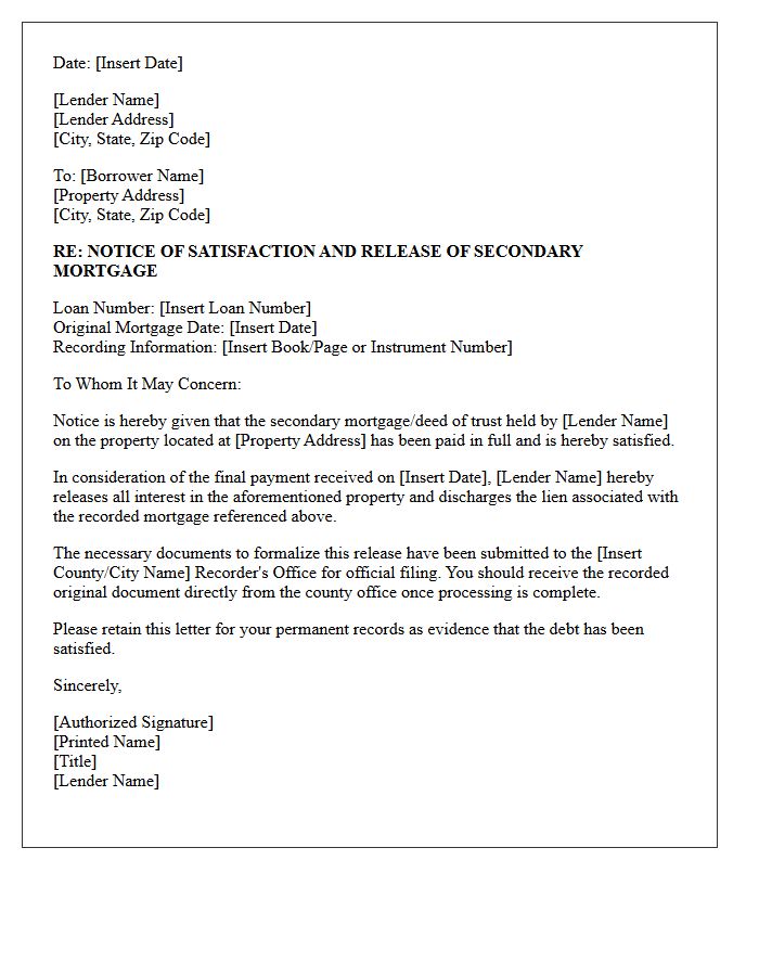 Secondary Mortgage Notice of Satisfaction and Release Letter