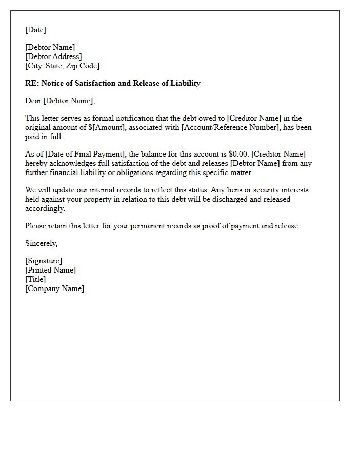 Standard Notice of Satisfaction and Release Letter