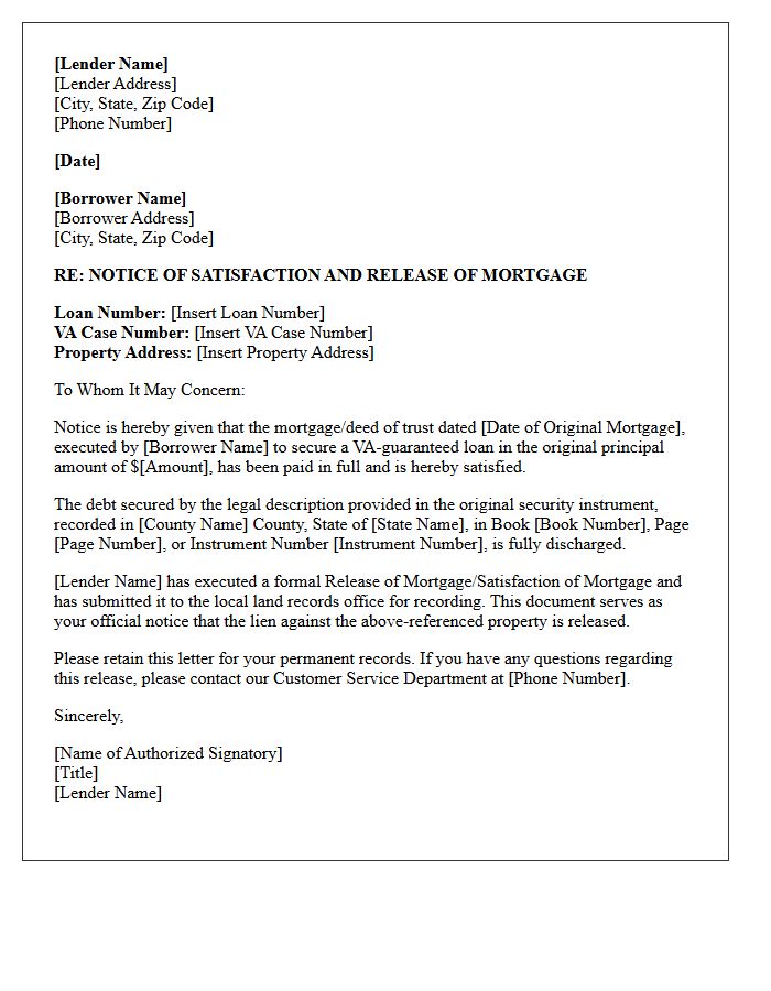 VA Mortgage Notice of Satisfaction and Release Letter