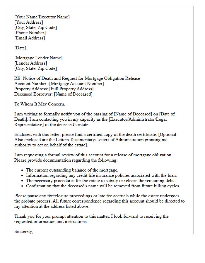 Deceased Borrower Mortgage Obligation Release Letter