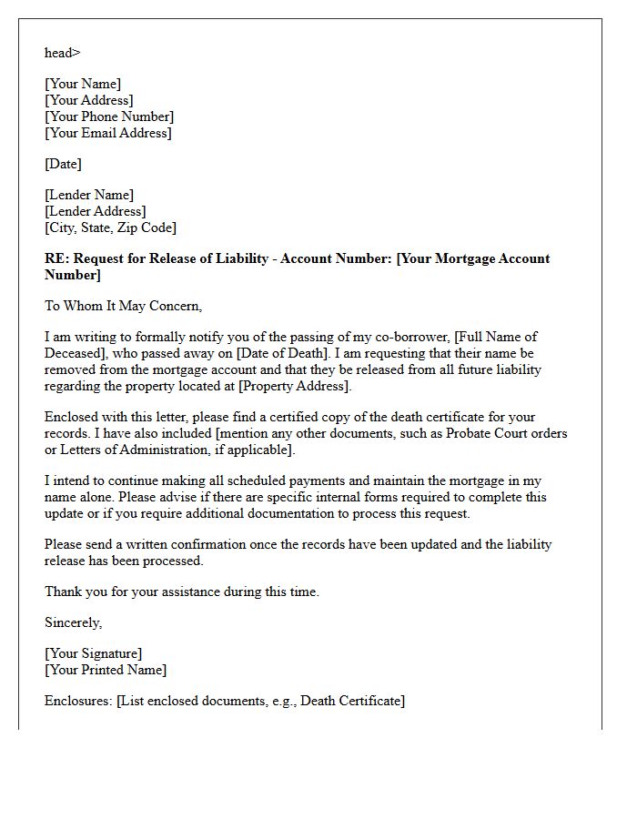 Mortgage Liability Release Letter for Deceased Co-Borrower