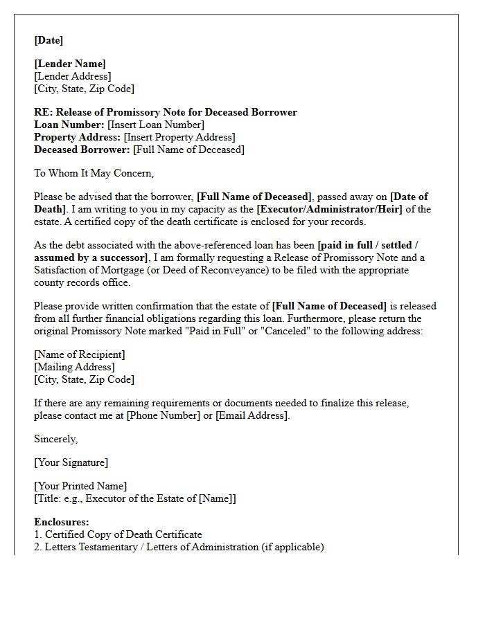 Mortgage Promissory Note Deceased Borrower Release Letter