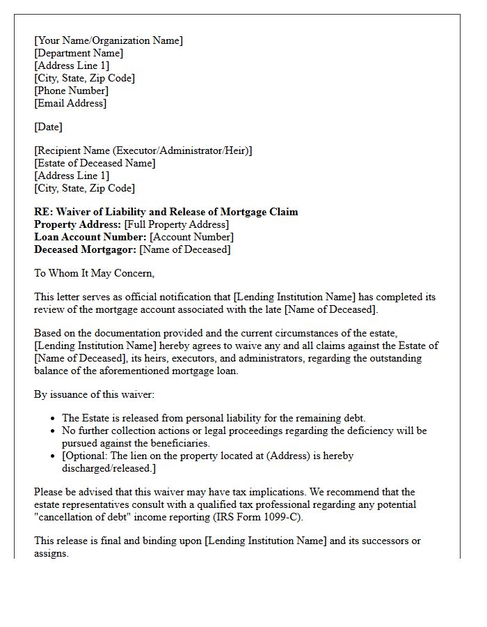 Official Deceased Mortgagor Liability Waiver Letter