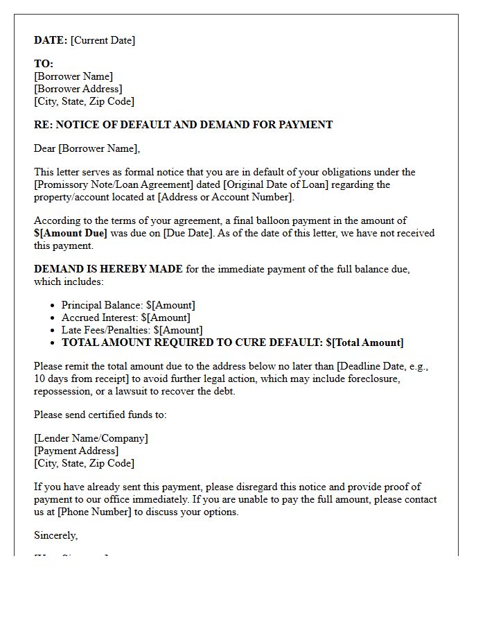 Balloon Payment Notice of Default and Demand for Payment Letter