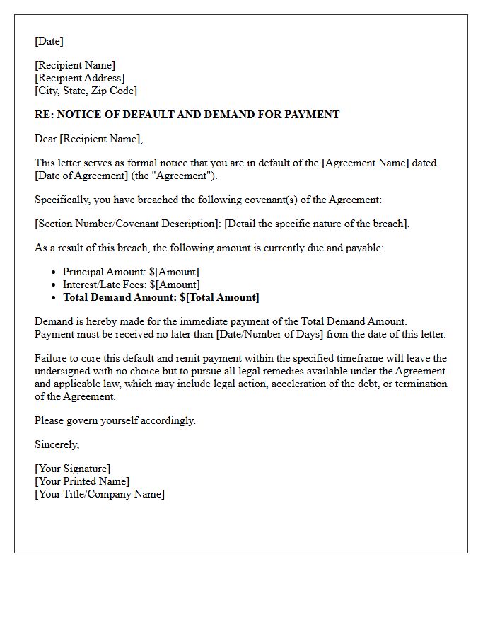 Breach of Covenant Notice of Default and Demand for Payment Letter