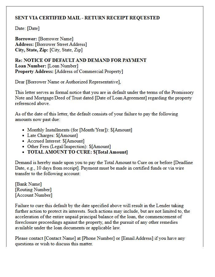 Commercial Mortgage Notice of Default and Demand for Payment Letter