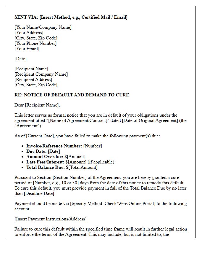Cure Period Notice of Default and Demand for Payment Letter