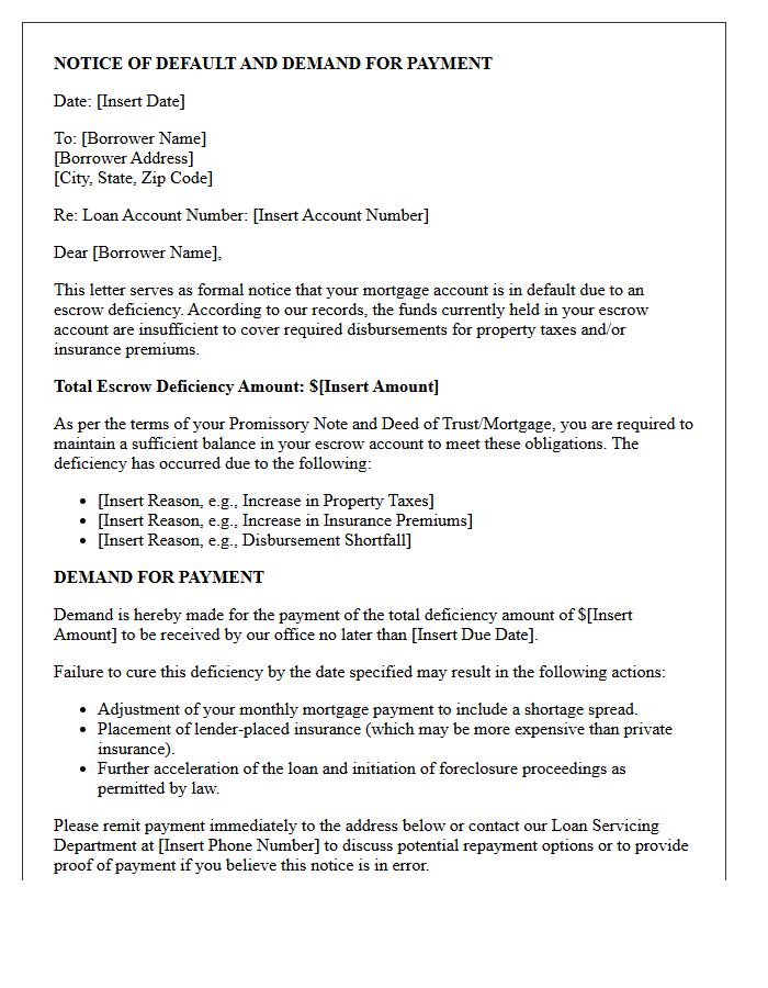 Escrow Deficiency Notice of Default and Demand for Payment Letter