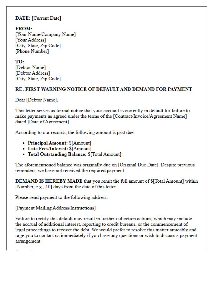 First Warning Notice of Default and Demand for Payment Letter