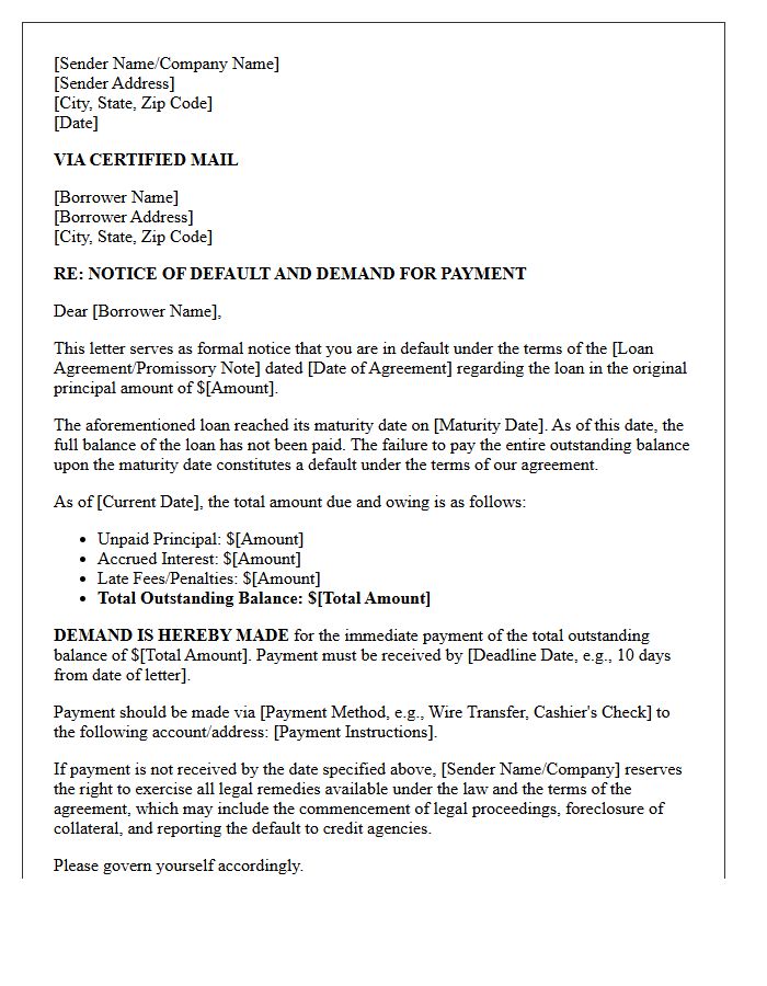 Maturity Date Notice of Default and Demand for Payment Letter