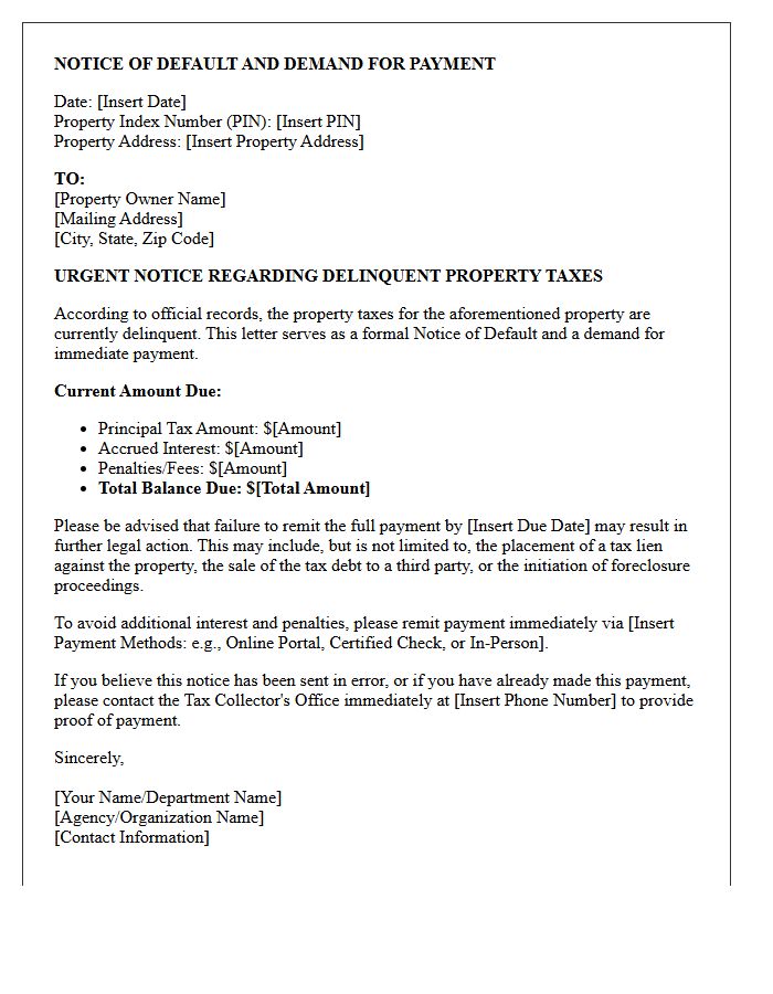 Property Tax Delinquency Notice of Default and Demand for Payment Letter